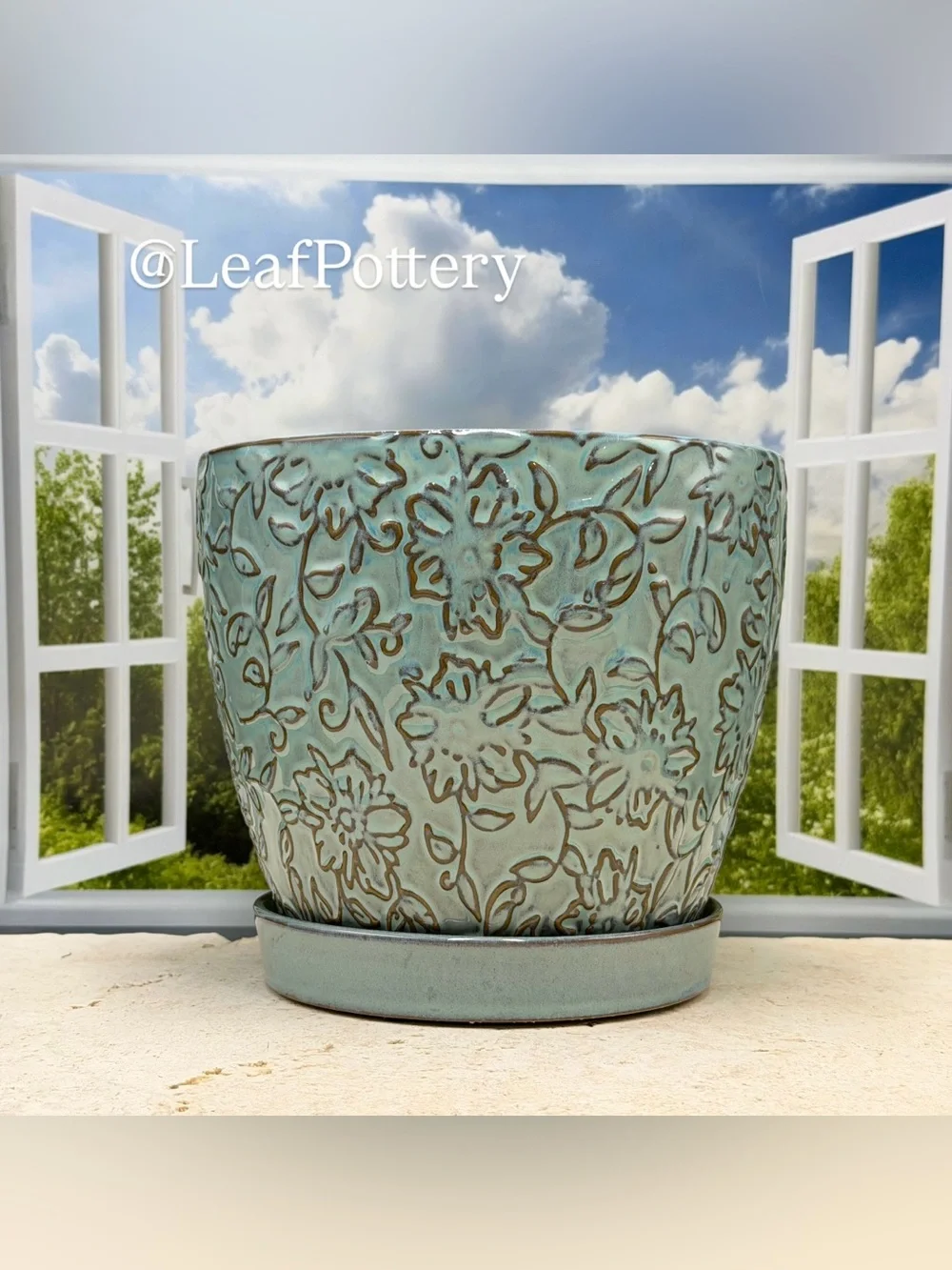 Embossed Floral Ceramic Planter with Saucer & Drainage | 6 Inch Light Blue
